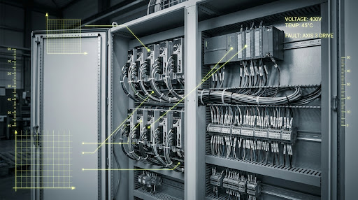 Professional industrial photography of a PLC control cabinet with technical measurement markings